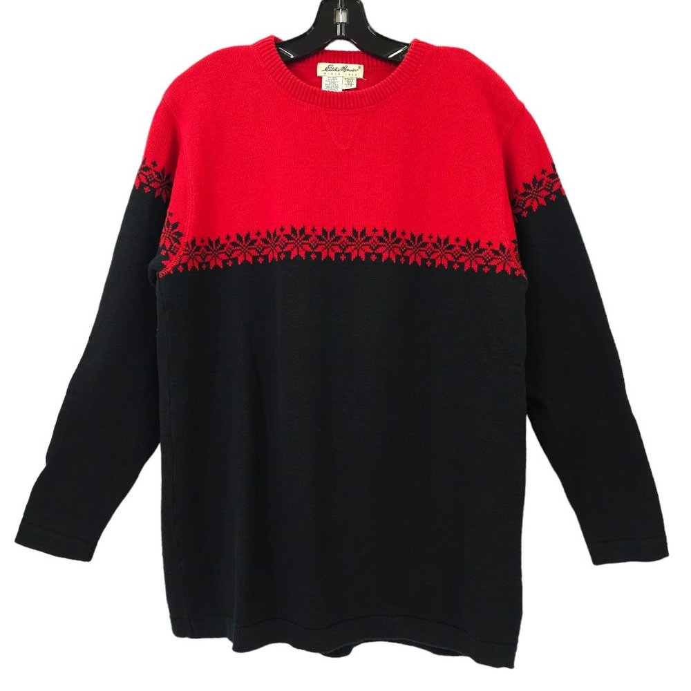 Eddie Bauer Pullover Sweater Black Red Snowflake Women Sz L Tall Cotton Crewneck
